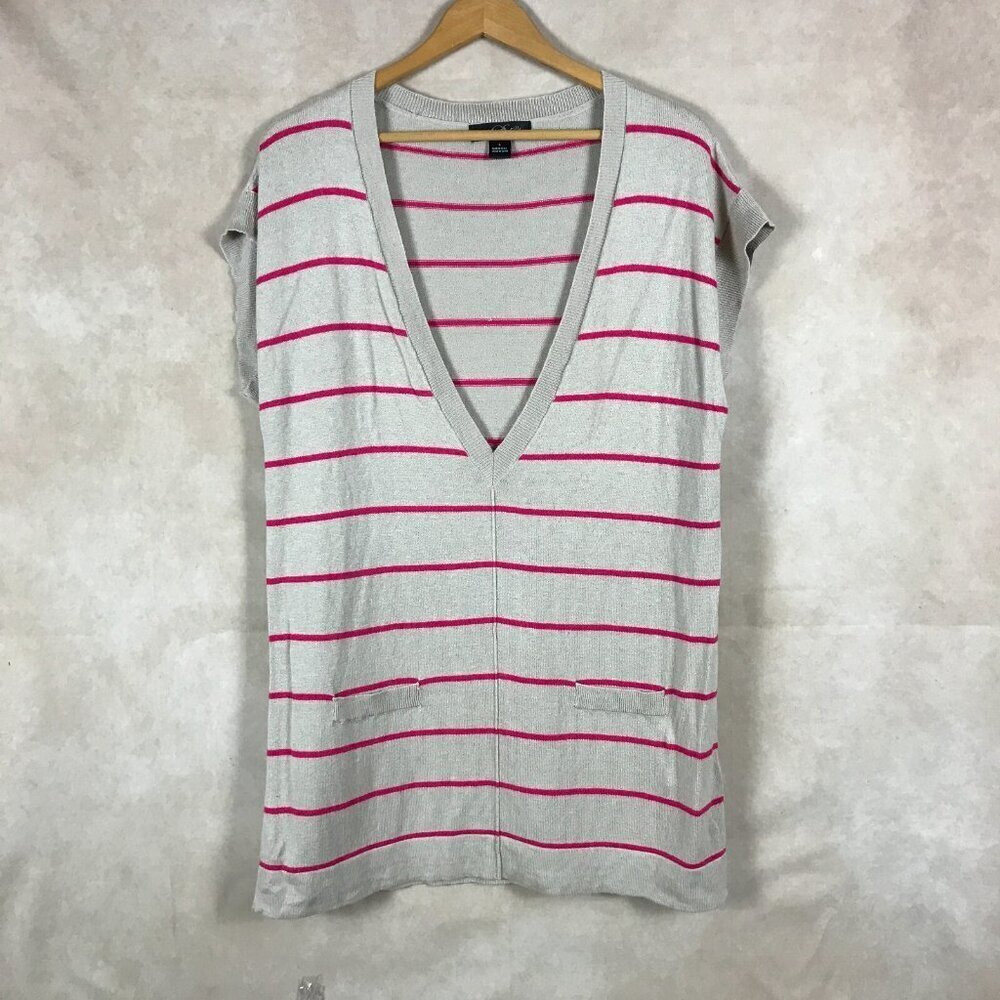 August Silk Tan Striped Deep V-neck Short Sleeve Tunic NEW LARGE
